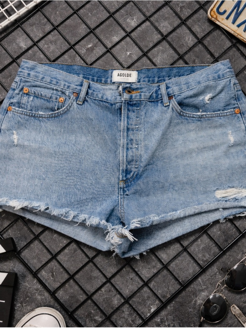 Agolde Light Wash Frayed Denim Cutoff Shorts